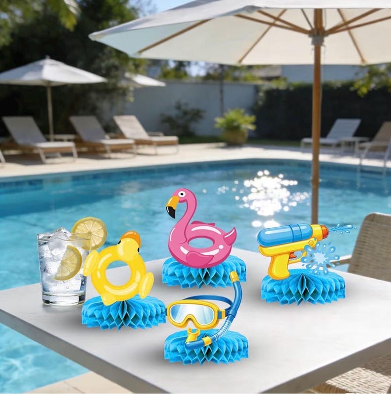 Pool Birthday Party Decorations - Plates,Napkins, Cups,Cutlery, Honeycomb Centerpieces,Banner, Hanging Swirls, Tablecloths,Toppers, Balloons