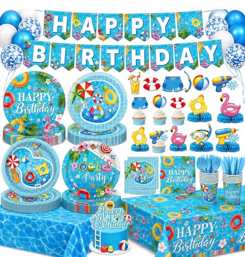 Pool Birthday Party Decorations - Plates,Napkins, Cups,Cutlery, Honeycomb Centerpieces,Banner, Hanging Swirls, Tablecloths,Toppers, Balloons