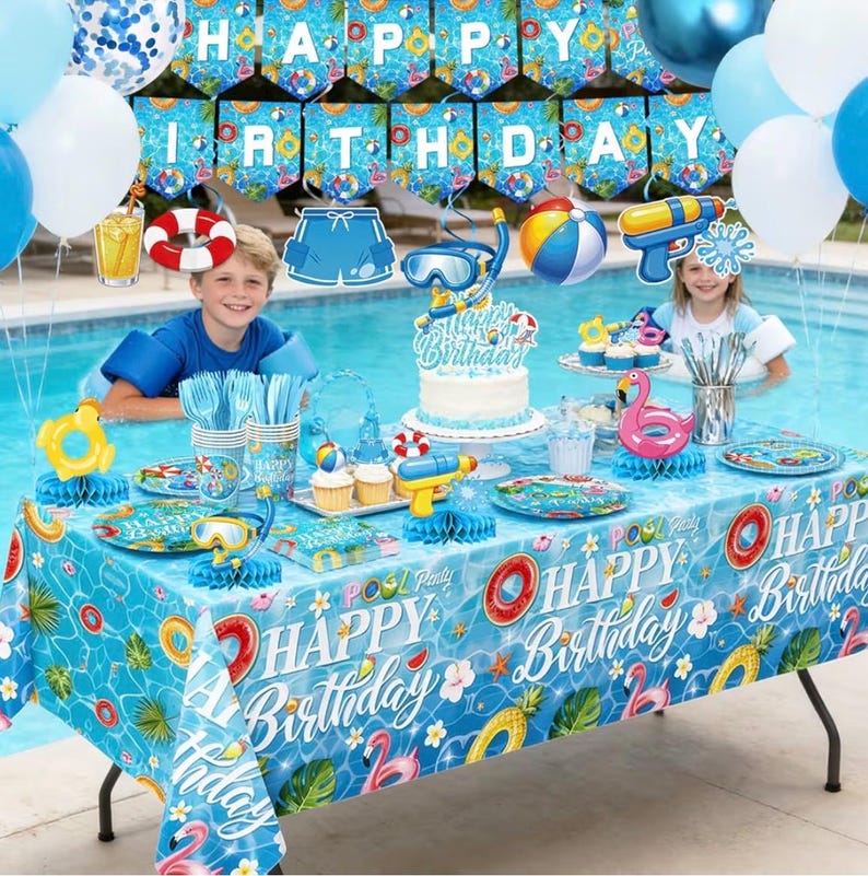 Pool Birthday Party Decorations - Plates,Napkins, Cups,Cutlery, Honeycomb Centerpieces,Banner, Hanging Swirls, Tablecloths,Toppers, Balloons