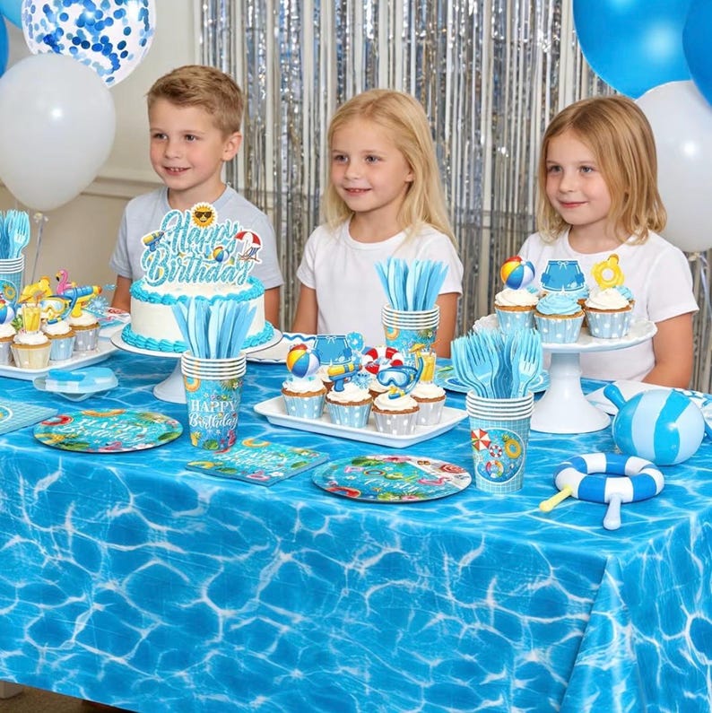 Pool Birthday Party Decorations - Plates,Napkins, Cups,Cutlery, Honeycomb Centerpieces,Banner, Hanging Swirls, Tablecloths,Toppers, Balloons