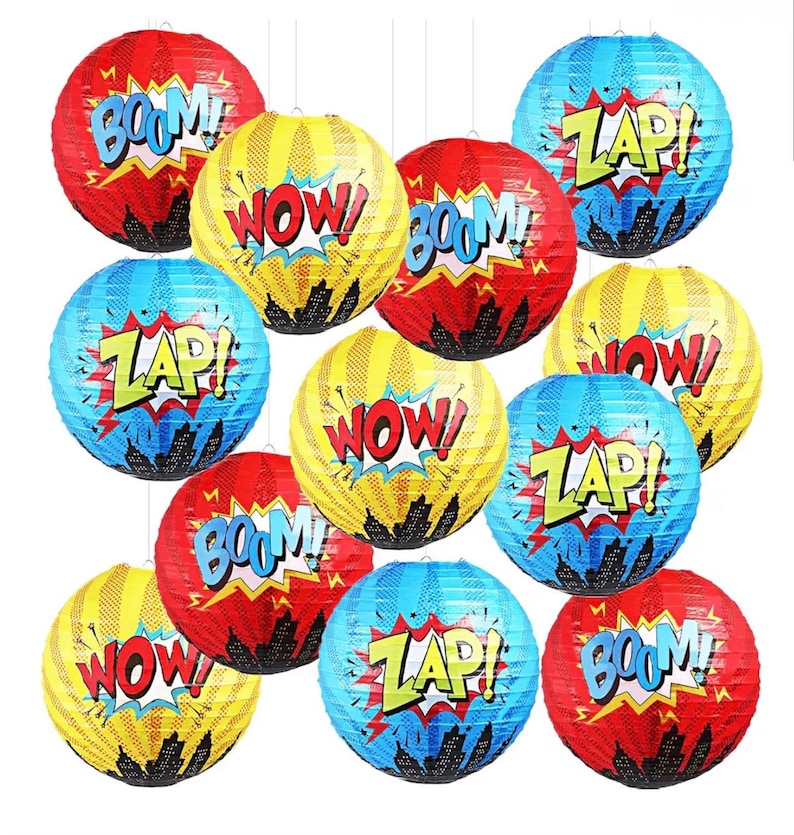 6 Pcs Hero Themed Party Decorations Fun Hero Paper Lanterns Hanging Comic Wow Zap Boom Lanterns for Adults Birthday Party Supplies