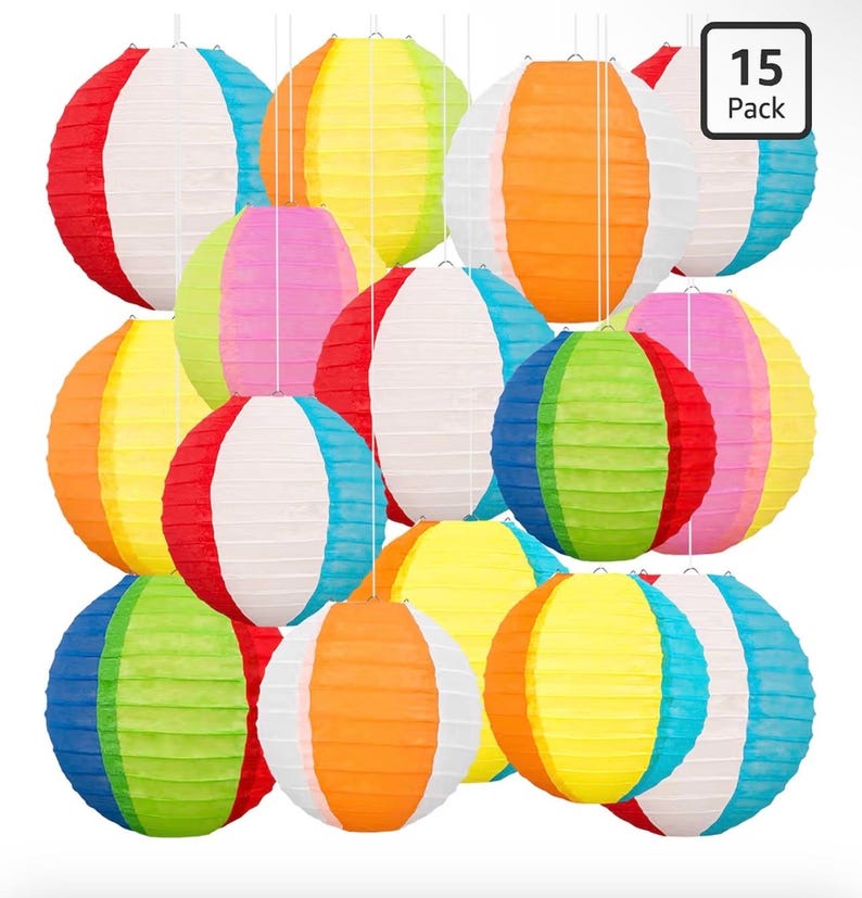 15PCS Pool Party Decorations Beach Ball Paper Lanterns - Summer Luau Hawaiian Themed Hanging Decor for Home Birthday Outdoor Indoor