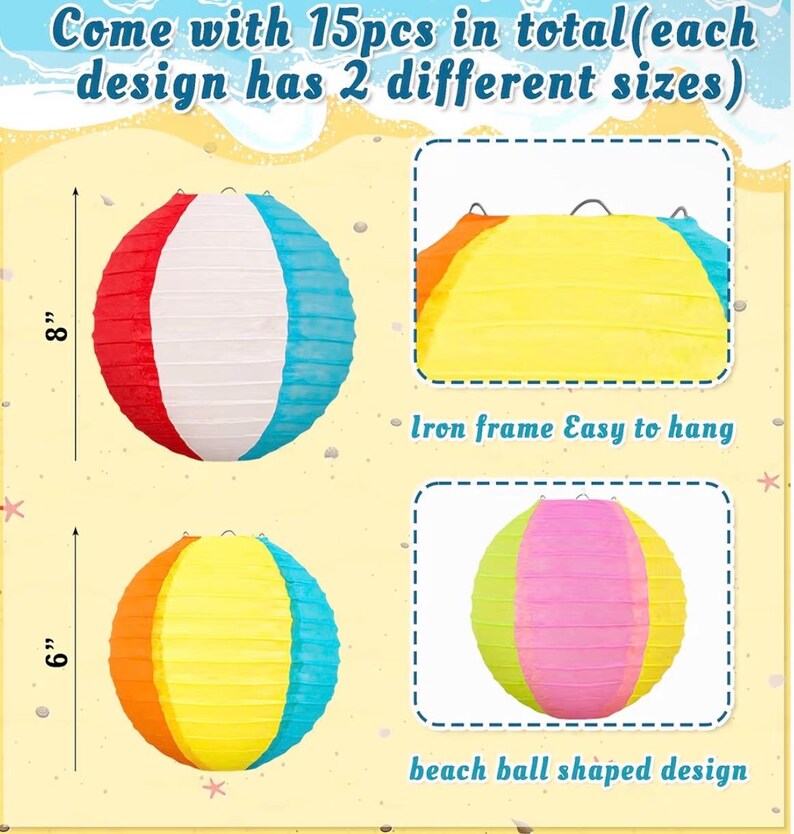 15PCS Pool Party Decorations Beach Ball Paper Lanterns - Summer Luau Hawaiian Themed Hanging Decor for Home Birthday Outdoor Indoor