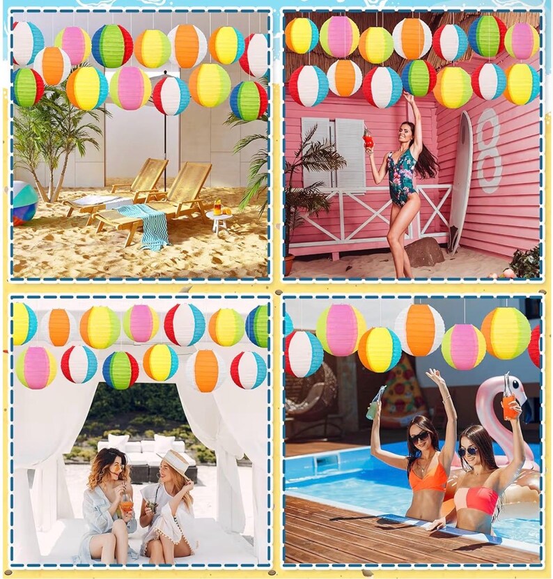 15PCS Pool Party Decorations Beach Ball Paper Lanterns - Summer Luau Hawaiian Themed Hanging Decor for Home Birthday Outdoor Indoor
