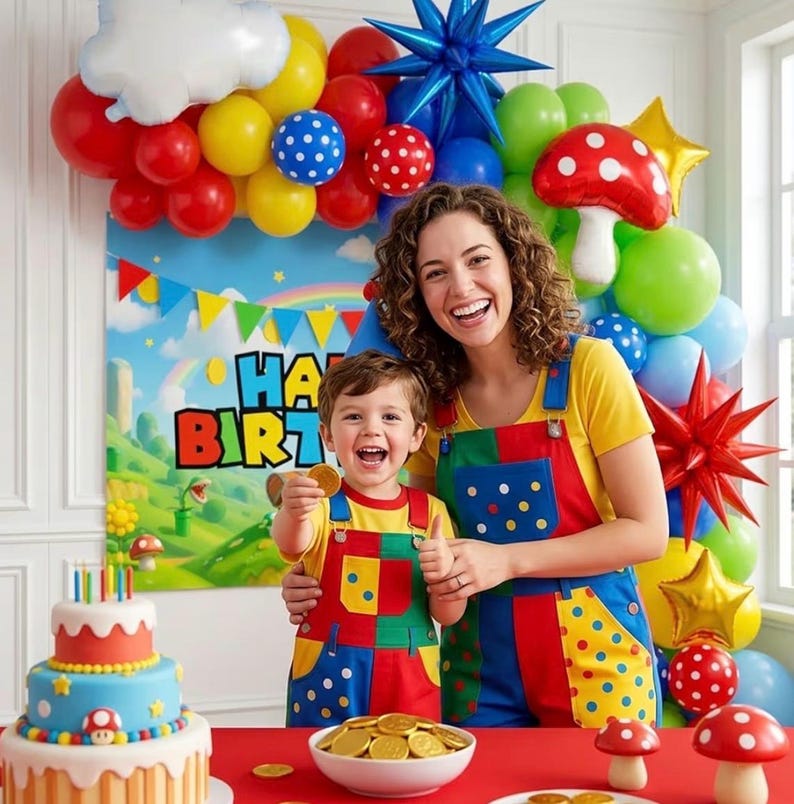 ALL-IN-1 Super Adventure Balloon Arch Kit with BONUS Mushroom, Cloud & Star Balloons for Bros Party Decorations - Red Blue Green Yellow