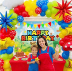 ALL-IN-1 Super Adventure Balloon Arch Kit with BONUS Mushroom, Cloud & Star Balloons for Bros Party Decorations - Red Blue Green Yellow