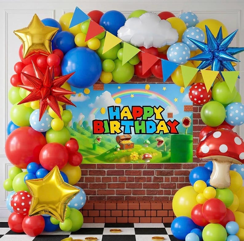 ALL-IN-1 Super Adventure Balloon Arch Kit with BONUS Mushroom, Cloud & Star Balloons for Bros Party Decorations - Red Blue Green Yellow