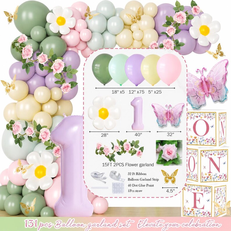 Wildflower 1st Birthday Decorations, 151 PCs Our Little Wildflower is Turning One Birthday Party Supplies with Balloon Boxes, Banners, Flora